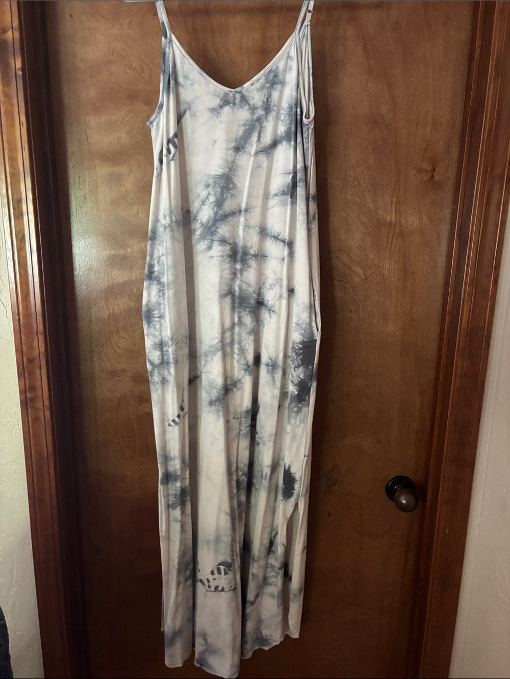 Tie-Dye Maxi Slip Dress in White and Charcoal